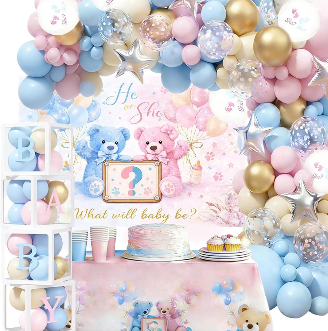 Bear Gender Reveal Party Decorations - 136 Pcs Balloon Arch Kit with Baby Display Boxes, Letters & Backdrop for Baby Shower Boy or Girl Party (Blue-Pink)