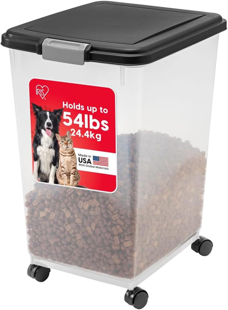 IRIS USA Dog Food Storage Container, Up to 50 Pounds, Attachable Wheels, For Dog Cat Bird and Other Pet Food Storage Bin, Keep Fresh, Easy Mobility - Made in USA, Black