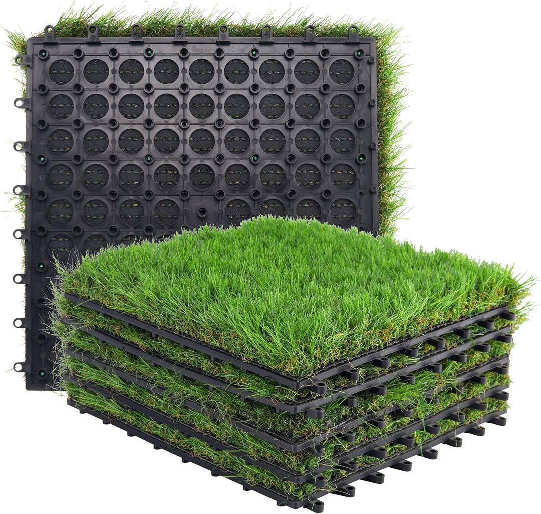 GOLDEN MOON Artificial Grass Turf Tile Interlocking Self-draining Mat, 1x1 ft, 1.5 in Pile Height, 6 Pack