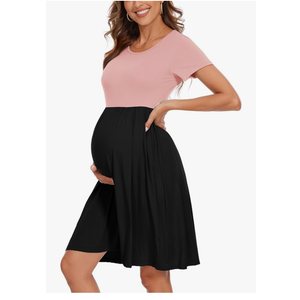 Women's Short Sleeve Maternity Dress Patchwork Pregnancy Clothes with Pockets XXL