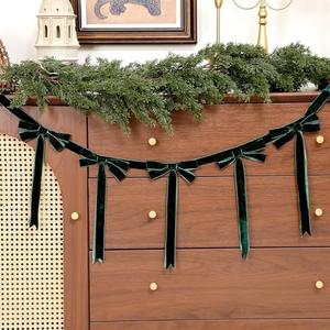 Giegxin 2 Pcs 13.2ft Christmas Velvet Bow Garland Ribbon Bow Garland Banner Bows Velvet Christmas Ornaments Reusable Vintage Bows Decoration for Xmas Tree Fireplace Staircase(Deepgreen)