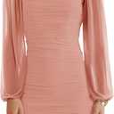 Wenrine Women's Mesh Long Sleeve Square Neck Ruched Party Club Cocktail Bodycon Mini Dress (Pink, M)