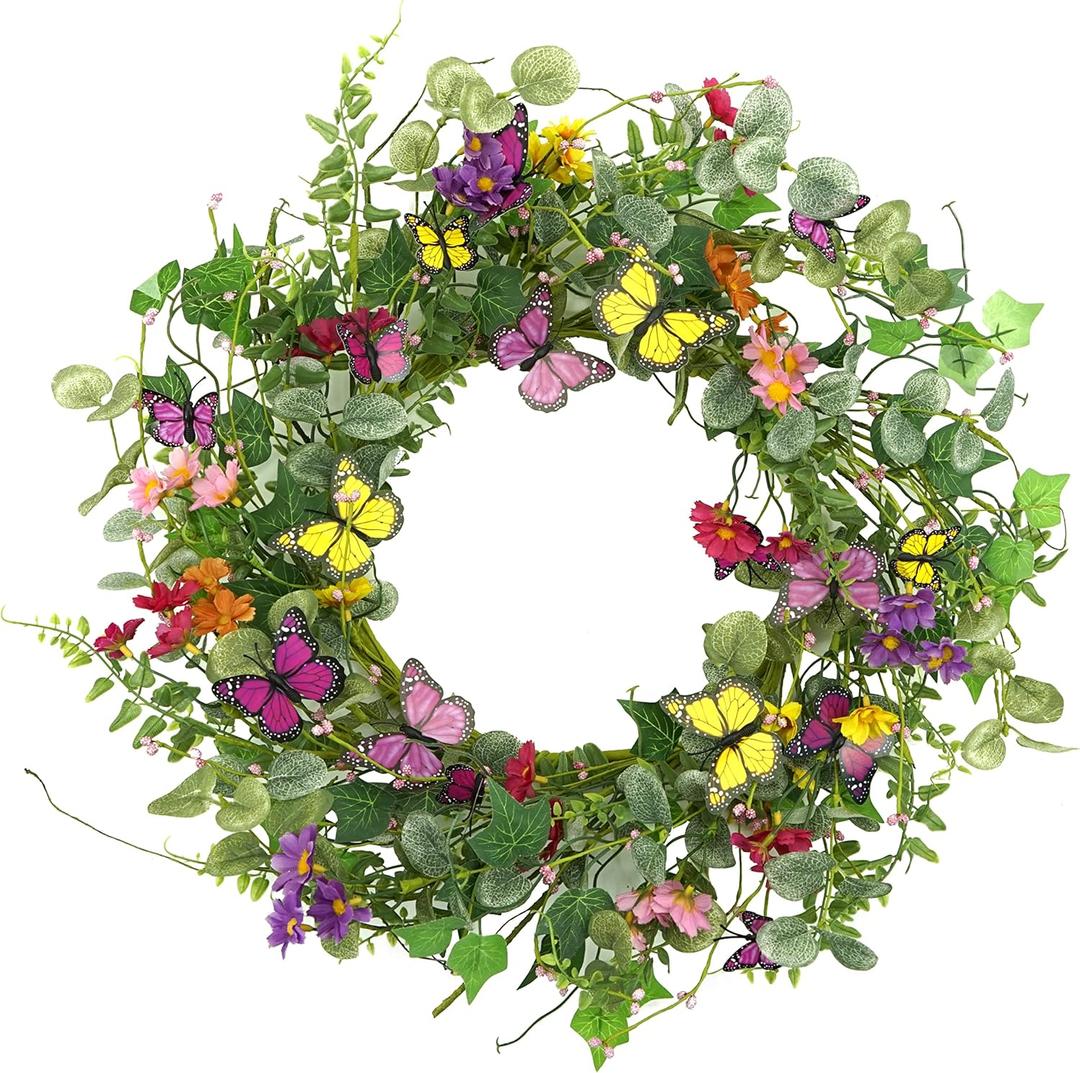 20" Artificial Spring Summer Wreath with Fake Butterflies,Eucalyptus Leaves,Daisy,Dry Vine Branches,Fern Leaves for Front Door Indoor Outdoor Farmhouse Wall Holiday Decor, White Gift Box Included (Yellow Butterflies and Purple Butterflies)