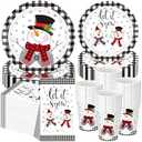Funnymoom 250 Pcs Christmas Snowman Paper Plates and Napkins Party Supplies White Black Buffalo Plaid Winter Disposable Tableware Set for Christmas Winter Holiday Xmas Party Decoration