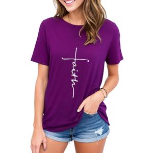 Mom's Care Women Cross Faith Printed V-Neck Tees Letter Print T-Shirt Christian Graphic Tees ( (S)