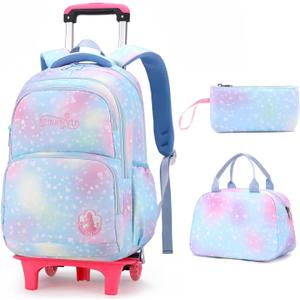 3Pcs Rolling Backpack for Girls Dream Princess Wind Bookbag with Wheels Travel Bag Trolley School Bag with Lunch Box Blue