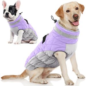 AOFITEE Dog Coat, Warm Dog Winter Coat, Reflective Cold Weather Dogs Puffer Jacket with Harness Built in, Waterproof Pet Fleece Vest Snowsuit for Small Medium Large Dogs, Lilac L