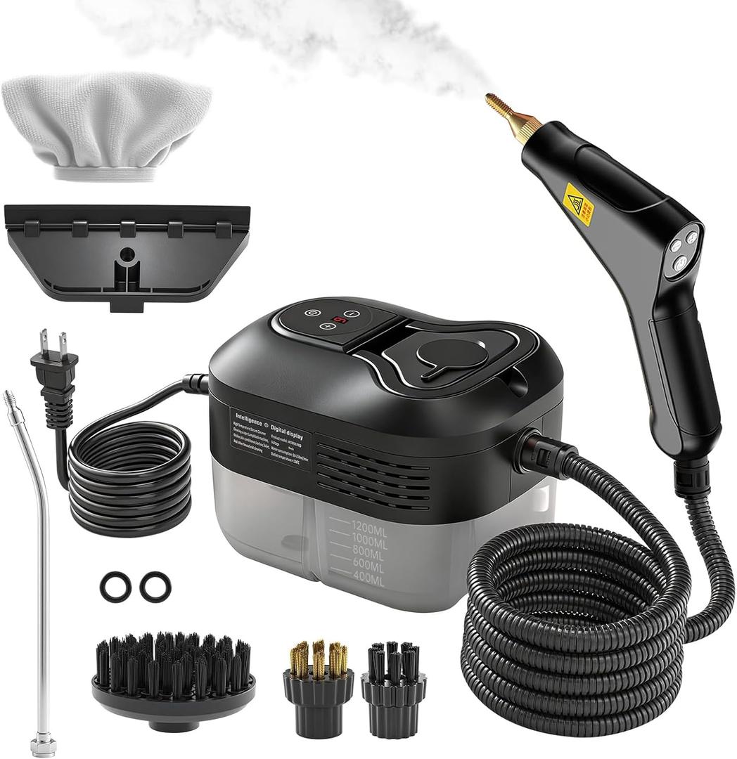 Pressurized Handheld Steam Cleaner, Portable Steamer for Cleaning with 1.2L Large Tank, 15s Fast Heat-Up, 6-Level Adjustable, Powerful Steam Cleaner for Home, Car, Kitchen, Tile, Grout (Black)