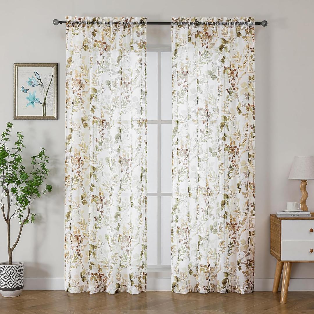 OWENIE Crushed Sheer Curtains, 84 Inches Long, 2 Panels Set, Floral Printed Drapes for Living Room, Rod Pocket, Light Filtering Farmhouse Window Sheers (2 Panels, 42" x 84") (Multi Color)