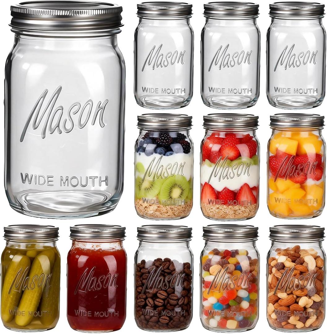Rubtlamp Clear Mason jar 32 oz, 12 Pack Glass Jars - Wide Mouth Mason Jars with Airtight Lids for Pickling, Fermenting, Food Storage&DIY Crafts, Microwave & Dishwasher Safe