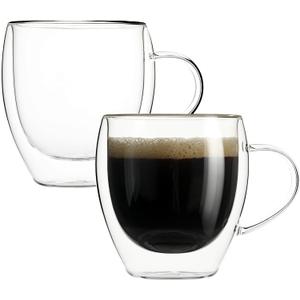 Aurzen 2 Pack Double Walled Glass Coffee Mugs with Handles 8.5oz, Large Insulated Layer Coffee Cups, Clear Borosilicate Mugs, Perfect for Cappuccino, Tea, Microwave Safe (8.5oz-2Pack)