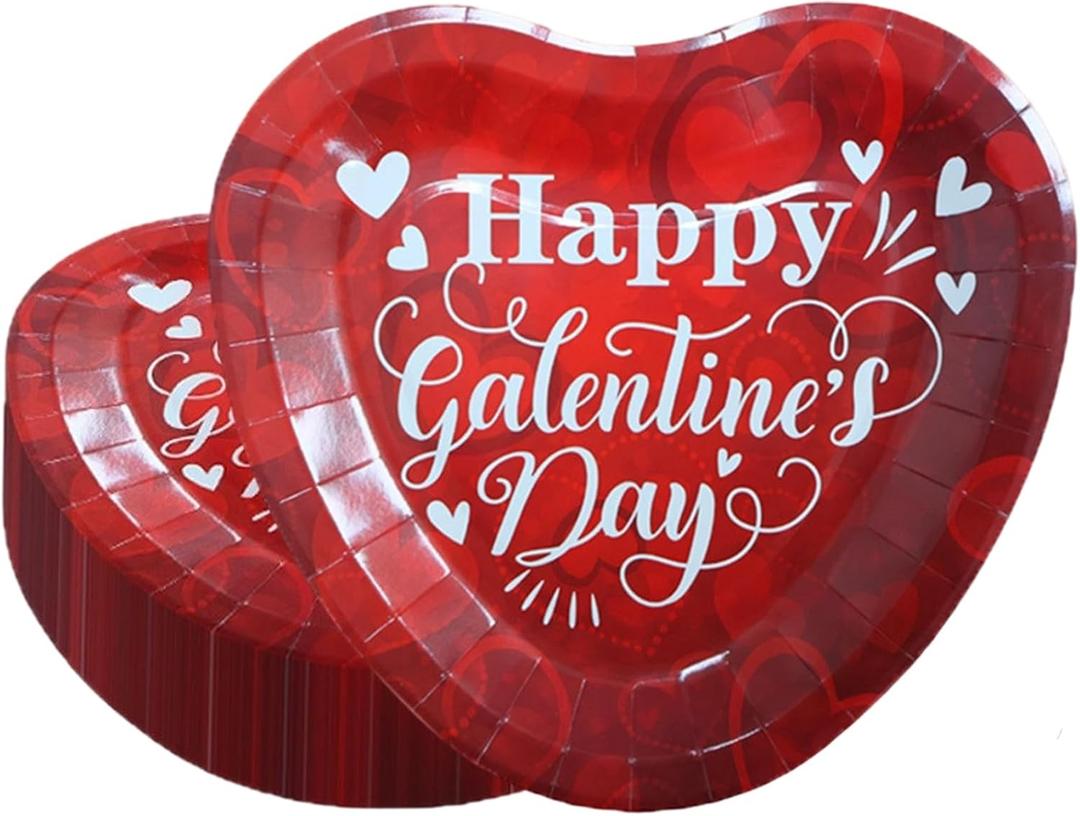 Valentine's Day Red Heart Shaped Paper Plates Love Heart Disposable Plates Decorative Tableware for Valentines Anniversary Wedding Party Dessert Dinner Table Decoration Serve 24