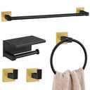 5-Piece Bathroom Hardware Set Black Gold Bathroom Hardware Accessories Set Upgraded Toilet Paper Holder with Shelf Towel Holder Set for Bathroom Stainless Steel Wall Mounted