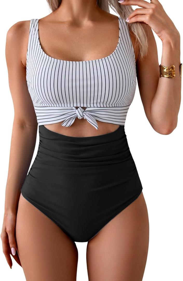 Eomenie Women's One Piece Swimsuit Tummy Control Slimming Bathing Suit Cutout Tie Knot Swimwear (Large)