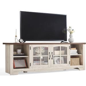 LINSY HOME TV Stand for 75 Inch TV, Modern Farmhouse Entertainment Center with Storage Cabinets and Glass Doors, Tall Media Console Table for Living Room, Bedroom, Large Long Television Stand, Beige (66", Washed Grey & Brown)
