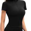 Womens Short Sleeve Workout Shirts Quarter Zip Sweatshirt Athletic Crop Workout Top Yoga Athletic Fit Shirt (Black)