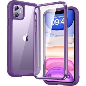 Diaclara Compatible with iPhone 11 Case, Full Body Rugged with Built-in Touch Sensitive Anti-Scratch Screen Protector, Soft TPU Bumper Case Clear Compatible with iPhone 11 6.1" (Purple and Clear)