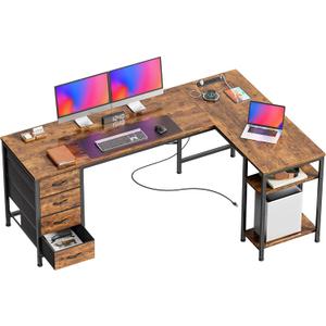 Huuger 63 Inch L Shaped Desk with Fabric Drawers, Computer Office Desk with Power Outlets and USB-C Port, Corner Desk with Storage Shelves, for Gaming Work Study Home Office, Reversible, Rustic Brown