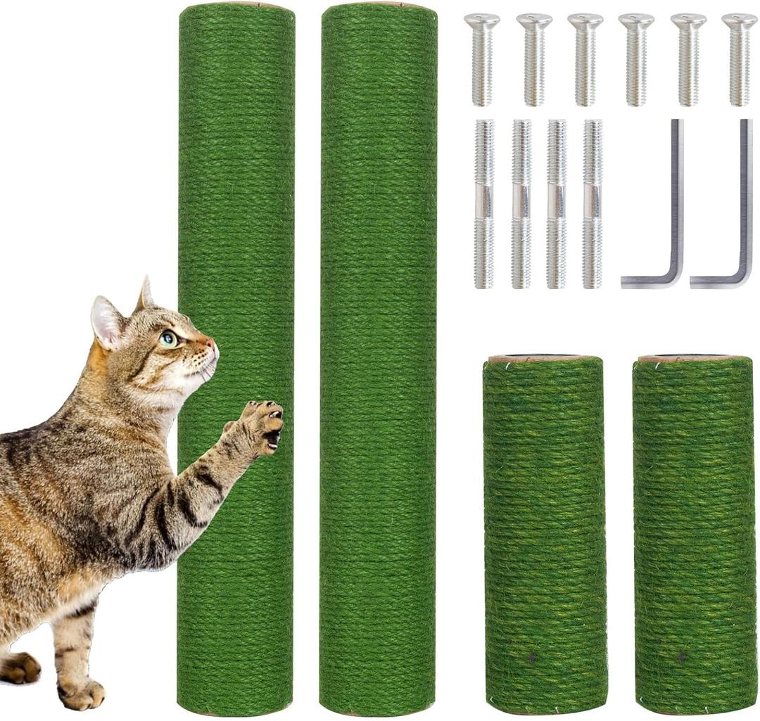 Barelove Cat Scratching Post Replacement, 4 Pieces Cat Scratcher Cat Tree Replacement Parts, 15.4'' x 2.67" Dia + 7.87 x 2.67" DiaNatural Sisal Rope Cat Scratch Posts Include M8 Screws, Green