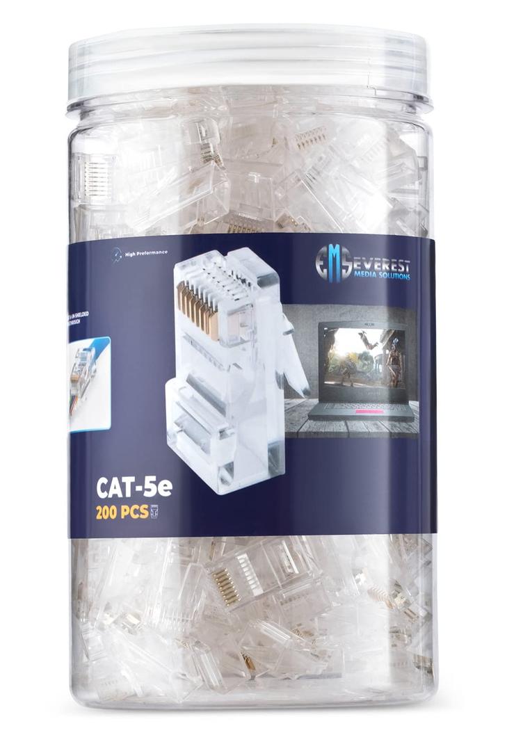 Everest Cat5e RJ45 Pass Through Connector 200-Pack - EZ Cat 5e Pass Through RJ45 Connectors - Cat 5e Connectors - Ethernet Connector, Ethernet Plug - for Solid or Stranded UTP Network Cable