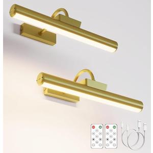 Picture Light Battery Operated, 13in Wireless Art Light for Paintings, Dimmable 5000mAh Recharging Battery Picture Light with Remote Control for Wall, Gallery Dartboard Art Bedroom (Gold-2Pack)