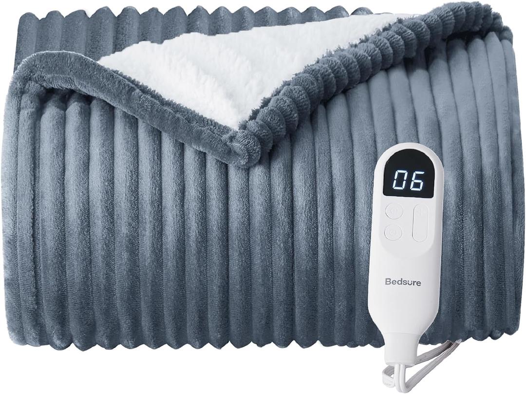 Bedsure Heated Blanket Electric Throw - Soft Ribbed Flannel GentleSoft Electric Blanket, Heating with 4 Time Settings, 6 Heat Levels, 3 hrs Timer Auto Shut Off, Gift for Grandma (50x60 inches, Grey)