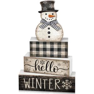 Moucuny 4 Pcs Snowman Christmas Decor Winter Table Decorations Christmas Tiered Tray Decor Winter Centerpiece Decorations Indoor Rustic Wooden Snowman Block Sign Gift Farmhouse for Home Kitchen Shelf