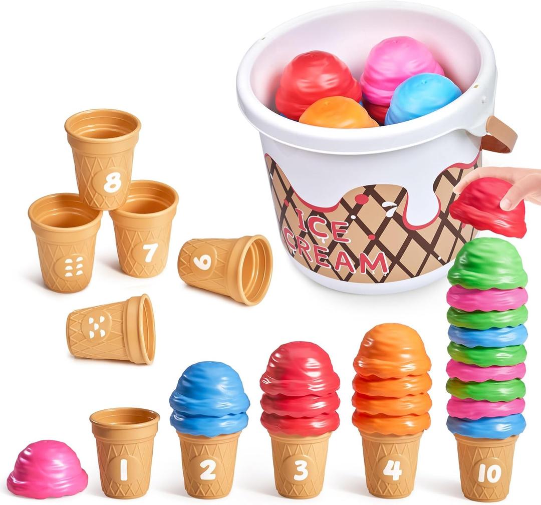 JoyCat Ice Cream Preschool Learning Activities Counting and Color Sorting Set Stacking Toys for Kids 1-5, Educational Fine Motor Skills Toys, 30PCS Math Manipulatives, Easter Basket Stuffers