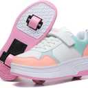 HSQ Fashion Sneaker Roller Skate Shoes for Boys Girls Kids Detachable Wheeled 2 in 1 Skating Shoes with Wheels, Green/Orange/White 156, Size 3.5 Big Kid