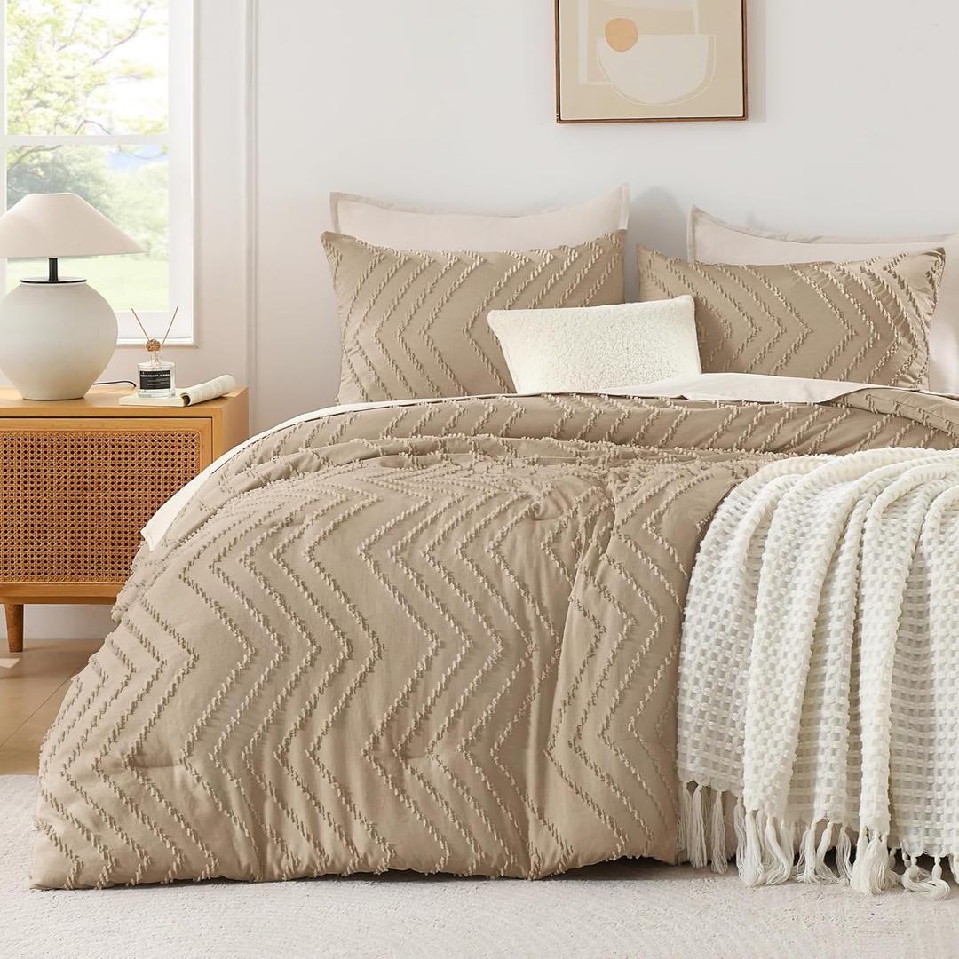 Andency Taupe California King Comforter Set, Boho Cal King Soft Warm Tufted Neutral Bedding Comforter Sets, 3 Pieces Cali King Aesthetic Chevron Farmhouse Cute Bohemian Textured Bedding Set