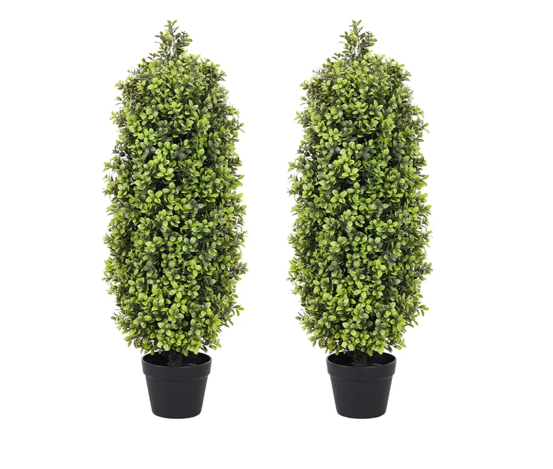 3ft Artificial Boxwood Topiary Trees (Set of 2) - UV Resistant Faux Plants for Outdoor/Indoor, Realistic 36in Fake Bushes and Shrubs for Front Porch, Planter, Patio - Low Maintenance & Evergreen