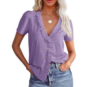 Floral Find Womens Short Sleeve Button Down Tops Casual Summer V-Neck Lace Trim Blouse Cute Tee, Purple, X-Large (Purple, XL)