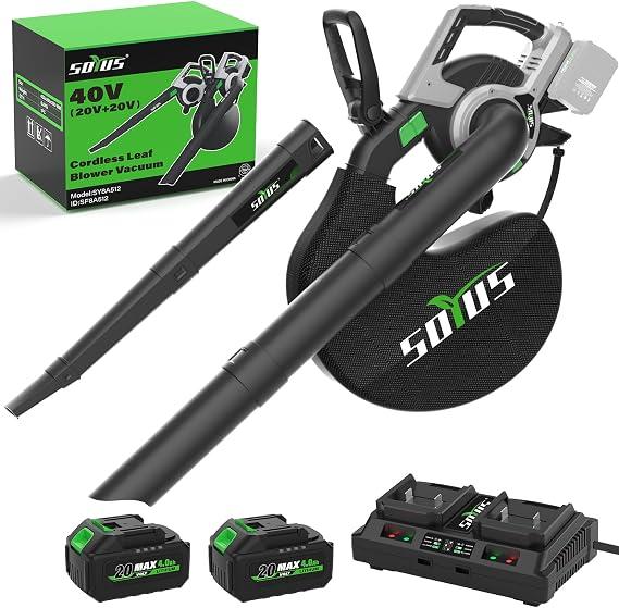 Cordless Leaf Blower & Vacuum SOYUS 3-in-1, Leaf Vacuum Mulcher 385CFM with Brushless Motor & 5 Speed Control, Electric Leaf Blower for Lawn Care, Included 45L Bag 2 x 20V 4.0Ah Battery and Charger