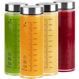Glass Juice Bottles 4 Pack 20 oz - Wide Mouth Glass Water Bottles with Lids - for Juicing, Protein, Smoothie, Milk, Reusable, BPA Free, Stainless Steel Lids, Blender, Shaker Bottle (600ml)