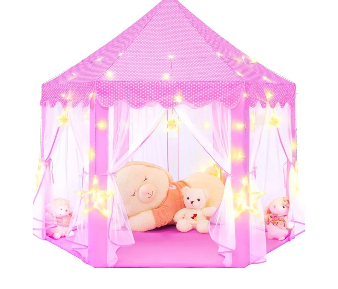 KIXINWA Pink Princess Tent for Girls, Kids Play Tent with LED Large Star Lights, Castle Playhouse Tent for Children Toddlers Indoor Outdoor Games, 55×53 Inches