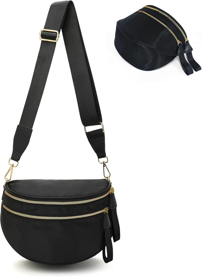 Crossbody Bags for Women, Checkered Bum Bag Crossbody, Spacious Nylon Shoulder Handbag Mom Bag (black)