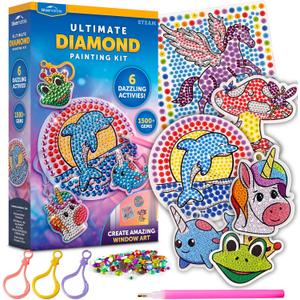 Blue Marble Ultimate Diamond Painting Kit for Kids  6 Craft Activities with 1500+ Gems, Make 3 Window Art Pieces & 3 Keychains, Includes Applicator Pens, Gem Trays & Stencils, Kids Crafts