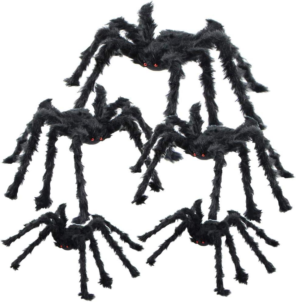 5pcs Halloween Spider Set: Giant Hairy Spider with Red Eyes, Bendable Legs - Scary Decorations for Patio, Yard, Garden, House (30", 20", 12")
