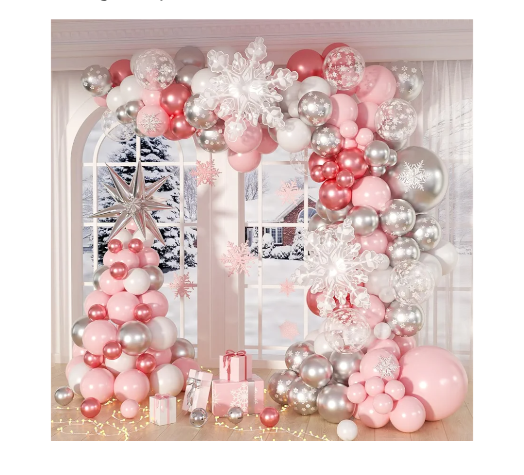 148pcs Pink Winter Wonderland Balloon Arch Kit, Pink White Metallic Red Silver Balloons with Snowflake Foil Balloons for Baby Shower 1st Birthday Pink Winter Wonderland Party Decorations