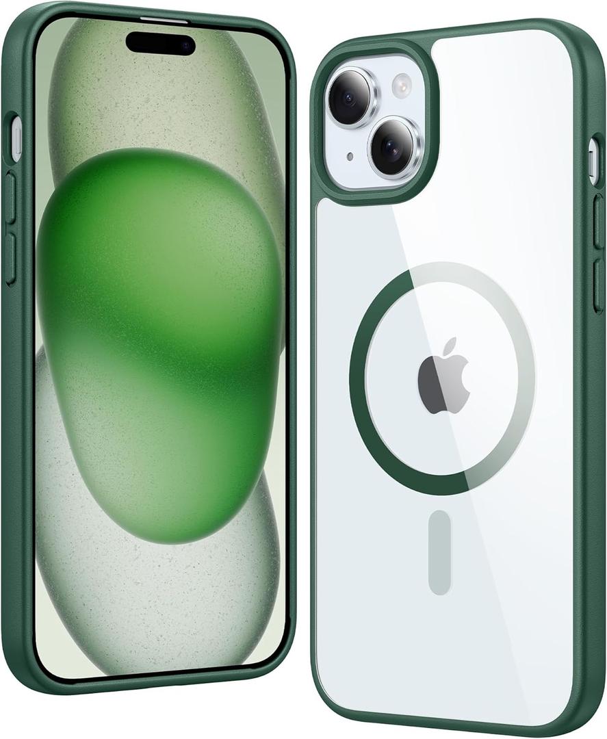 FNTCASE for iPhone 15 Case Clear: iPhone 14/13 Case Magnetic Phone Cases with Screen Protector Compatible with Magsafe Slim Anti Yellowing Rugged Protective Transparent Cell Cover (B-Alpine Green)