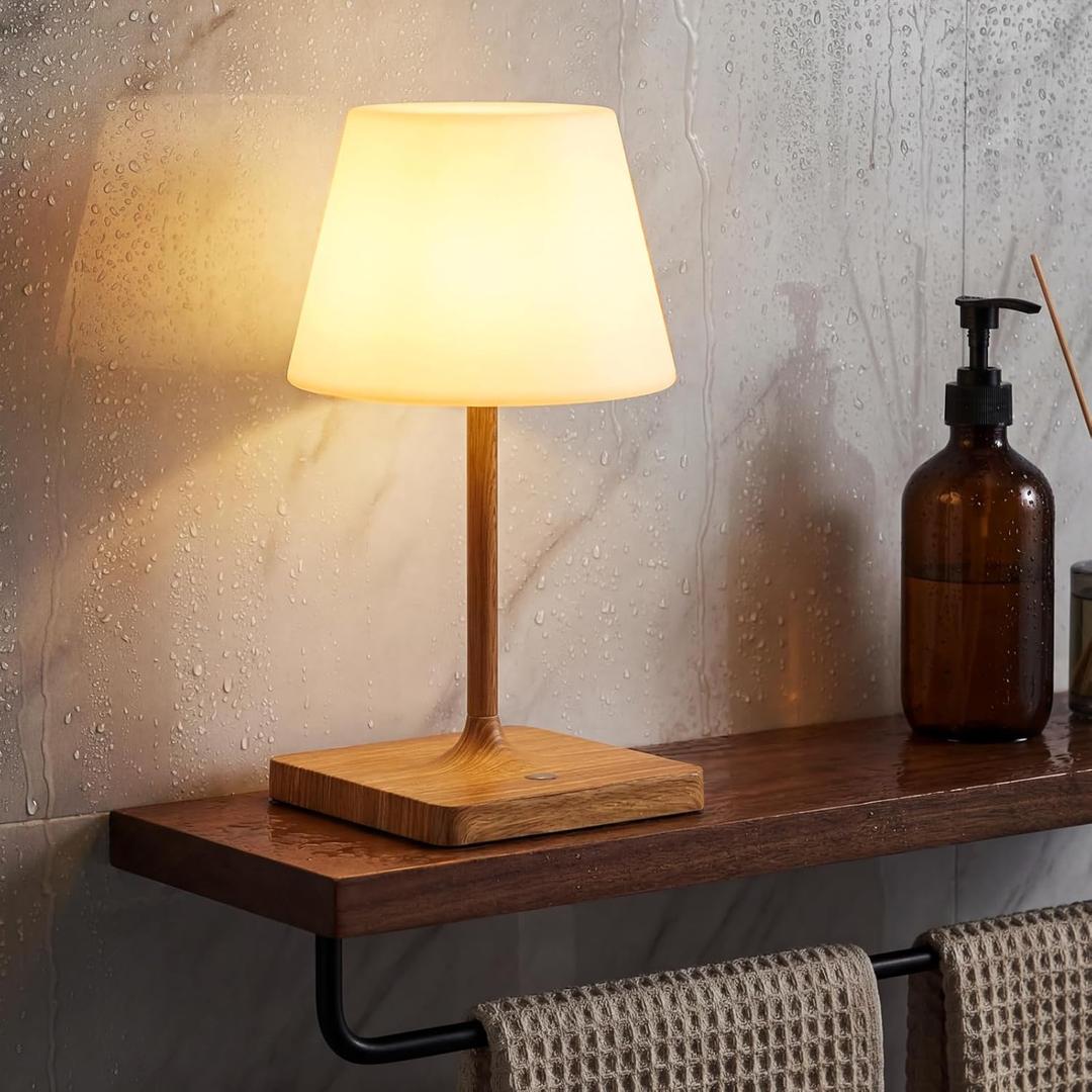 Shower Lamp Waterproof,4000mAh Battery Rechargeable Cordless Table Lamp for Indoor & Outdoor Use,3 Color-temps & Dimmable LED Night Light for Shower Bathroom Bedroom Restaurant Home 10.8"H- Wood Grain