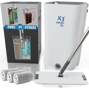 X3 Mop XL, Separates Dirty and Clean Water, 3-Chamber Design, Flat Mop and Bucket Set, Hands Free Home Floor Cleaning, 3 Reusable Microfiber Mop Pads Included