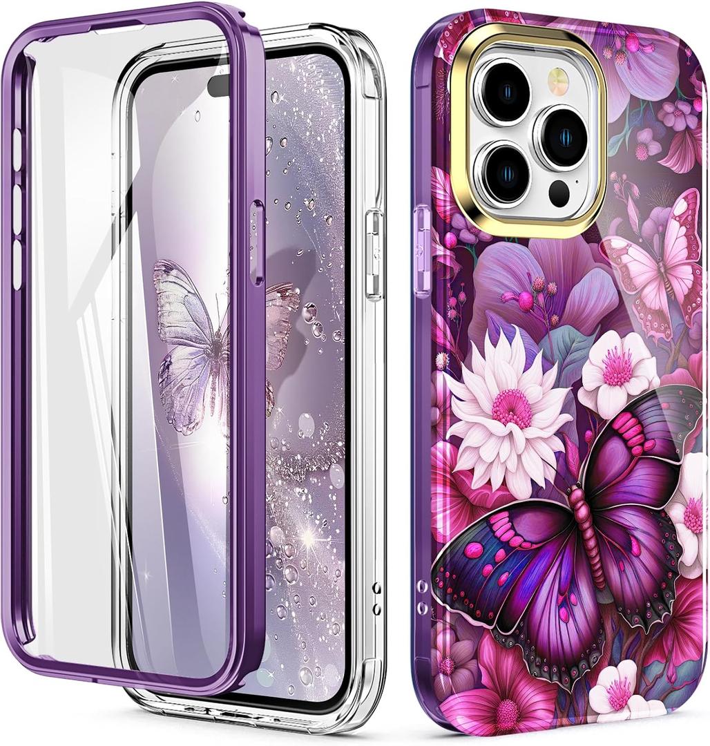 Cute Flower Case for iPhone 16 Pro 6.3 inch Built with Screen Protector, Lightweight and Stylish Full Body Shockproof Protective Rugged TPU Case for Women/Girls-Butterfly