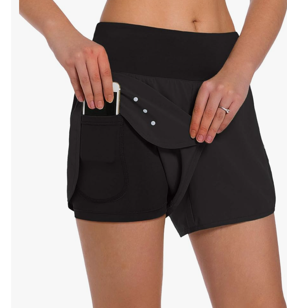 Ksmien Women's 2 in 1 Running Shorts - Lightweight Athletic Workout Gym Yoga Shorts Liner with Phone Pockets L