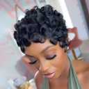 VRZ Pixie Cut Wigs for Black Women Brazilian Curly Pixie Cut Wig Human Hair Glueless Short Layered Wigs With Bangs Natural Black Color No Glue Human Hair Wig for Daily Use