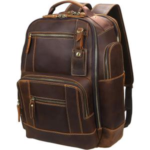 LANNSYNE Men's Vintage Full Grain Leather 15.6 Inch Laptop Backpack Camping Travel 24L Rucksack