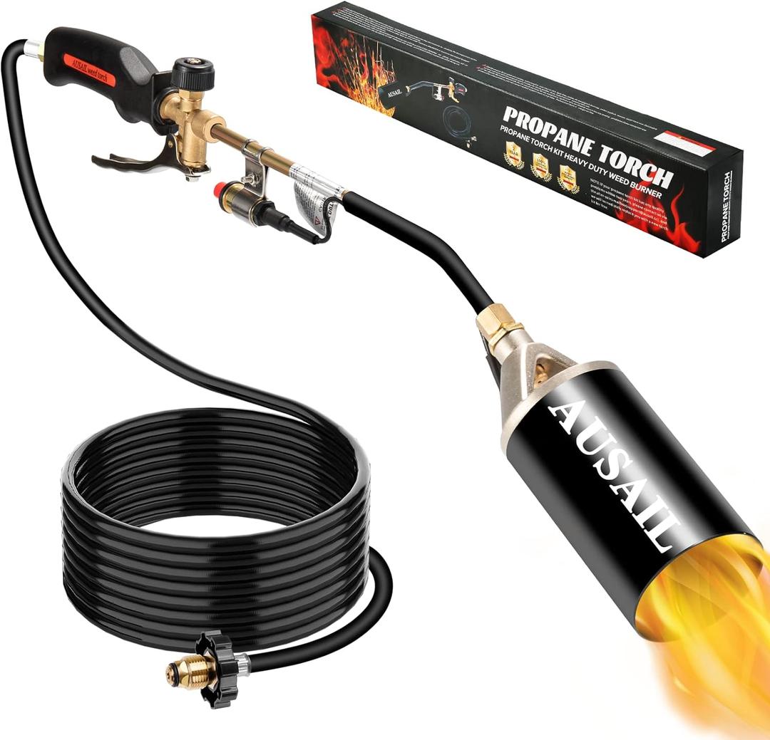 Propane Torch Weed Burner,Blow Torch,Heavy Duty,High Output 1,800,000 BTU,Flamethrower with Turbo Trigger Push Button Igniter and 10 FT Hose for Roof Asphalt,Ice Snow,Road Marking,Charcoal(Black