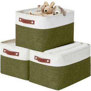 DECOMOMO Storage Bins Fabric Storage Baskets for Shelves, Linen Closet Organization Toys Nursery (Olive Green and White, Large - 3 Pack) (Large/3P - 15"x11"x9.5")