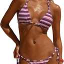 GORGLITTER Women's Striped String Halter Bikini Sets Triangle Beaded Thong Cheeky Swimsuits Cute Resort Bathing Suit (L)