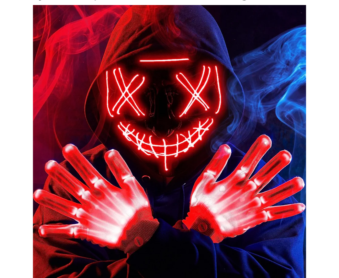 Halloween Led Mask, Light Up Mask and Gloves for Cosplay Costume, 3 Modes Scary Glow in The Dark Masks for Boys Girls Halloween Party Dress Up Accessories, Gifts Giving